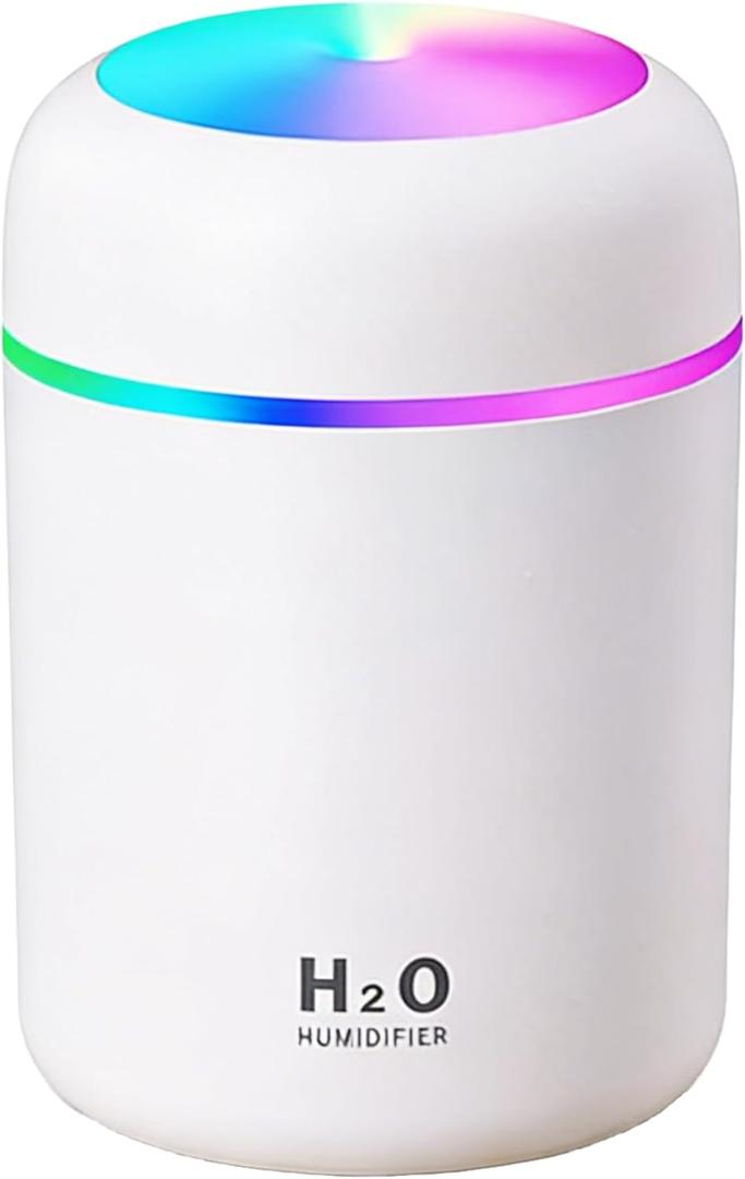 300ml USB Cool Mist Small Humidifier with Colorful Lights,Portable Mini Humidifier, Perfect for Bedroom, Office, Plants, travel & Car, White