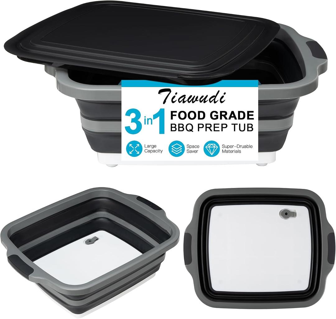 Tiawudi Large Collapsible BBQ Prep Tub with Lid(4.22 Gal/16L), Foldable Camping Sink with Colander, Cutting Board, Dish Basin for Kitchen, Bowl, Vegetable and Fruit, Storage Basket for Picnic, 20"L x 16.3"W