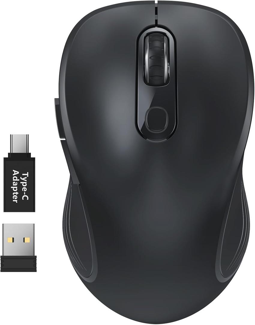WisFox 2.4G Wireless Mouse for Laptop, Ergonomic Computer Mouse with USB Receiver and Type-C Adapter, 3 Adjustable Levels, 6 Button Cordless Wireless Mice for Windows Mac PC Notebook (Black)