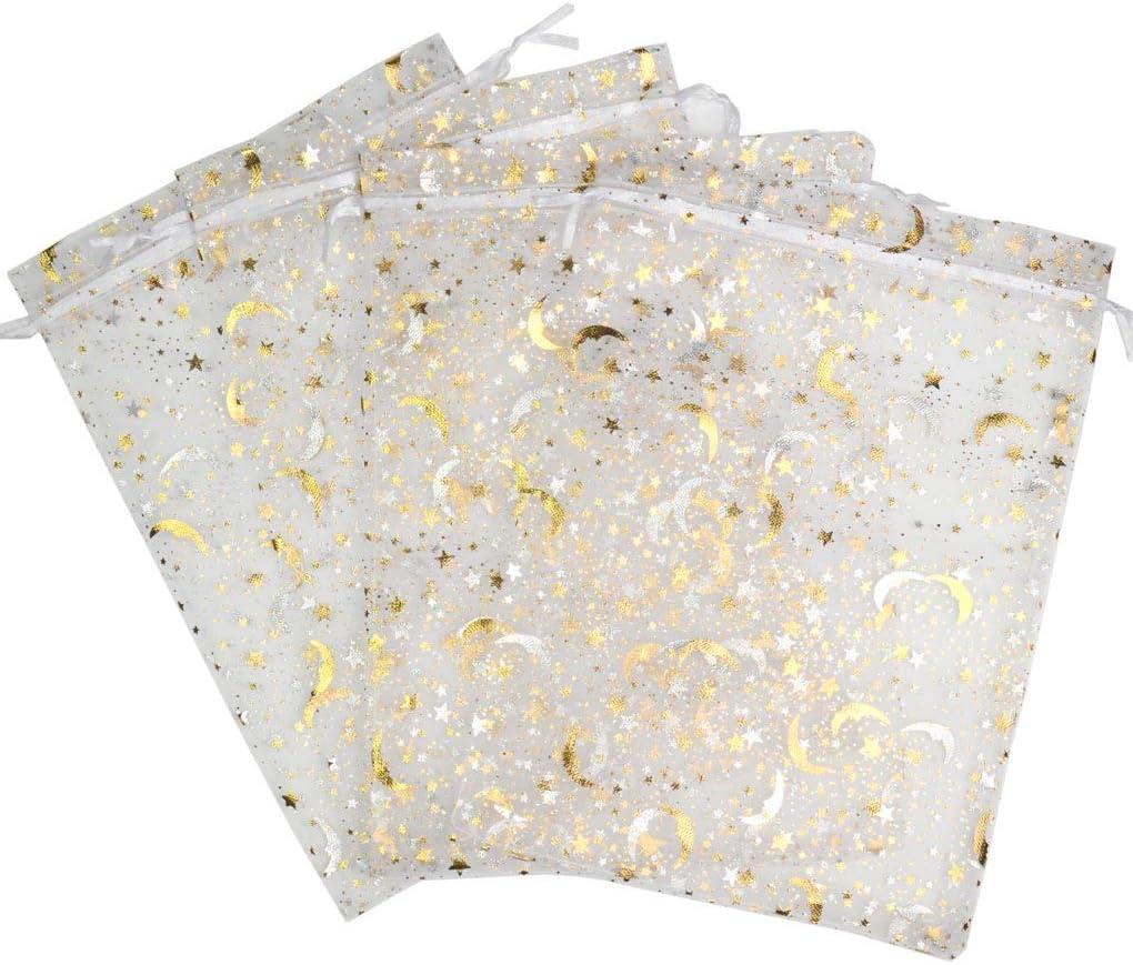 SUNGULF 100Pcs 6x9 Inches Sheer Organza Drawstring Pouches Stars And Moon Wedding Party Favor Jewelry Candy Gift Bags (White)