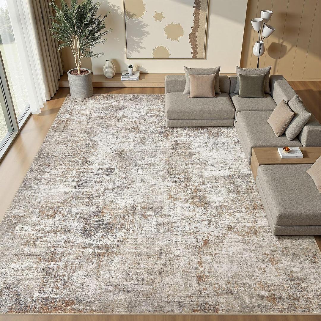 10x14 Area Rugs for Living Room: Washable Large Neutral Abstract Rug Soft Non Slip Stain Resistant Low Pile Indoor Carpet for Bedroom Dining Room Nursery Office Playroom - Brown Grey
