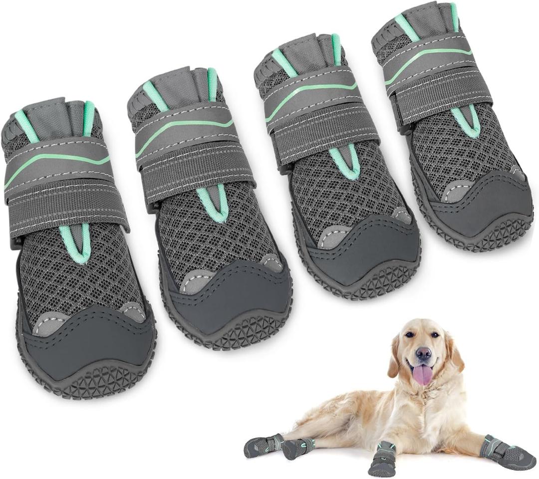 Lukovee Dog Booties, Breathable Dog Shoes for Large Medium Small Dogs Summer Hot Pavement, Adjustable Non-Slip Rubber Paw Protector for Hardwood Floors Outdoor Walking Hiking(GY, Size4) (Size 4Width 2.2'')