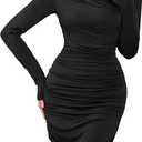 ZAFUL Womens Sexy Ruched Bodycon Mini Dress Long Sleeve Boat Neck Wedding Guest Club Party Dresses, M, Black