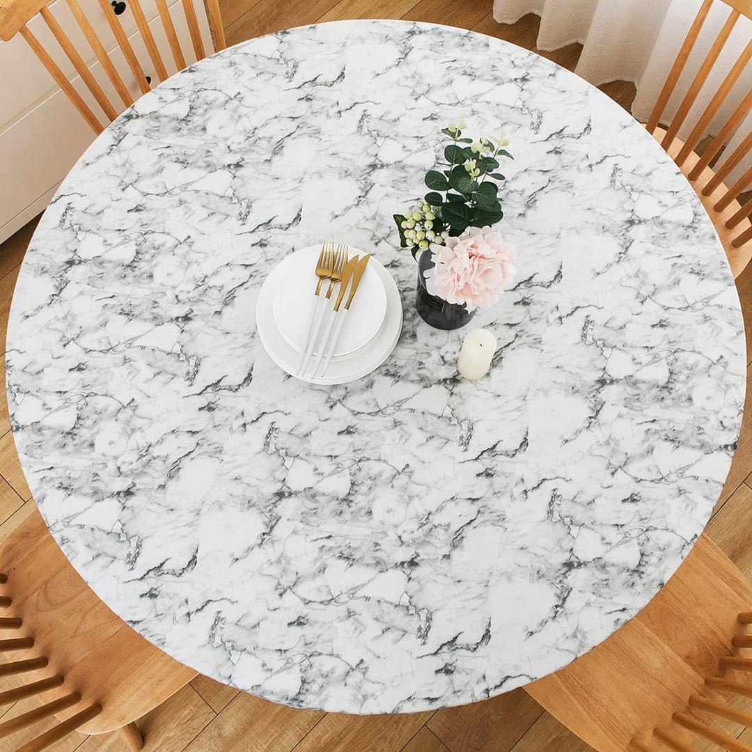 LIBERECOO Round Vinyl Fitted Tablecloth with Flannel Backing Elastic Edge Table Cover Waterproof Stain-Resistant Wipeable Tablcloths Fits 57-65" Round Tables