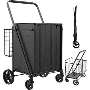 Foldable Shopping Cart with Waterproof Bag, 360 Swivel Wheels & Double Basket, 300lbs Capacity for Groceries, Heavy Duty Utility Grocery Carts for Shopping, Laundry, Camping, Luggage