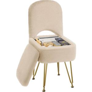 GREENSTELL Small Vanity Stool Chair with Storage and Folding Back, 13.4" x 15" x 30" Square Faux Fur Soft Ottoman, 4 Metal Legs with Anti-Slip Feet, Furry Padded Seat for Makeup, Bedroom, Camel