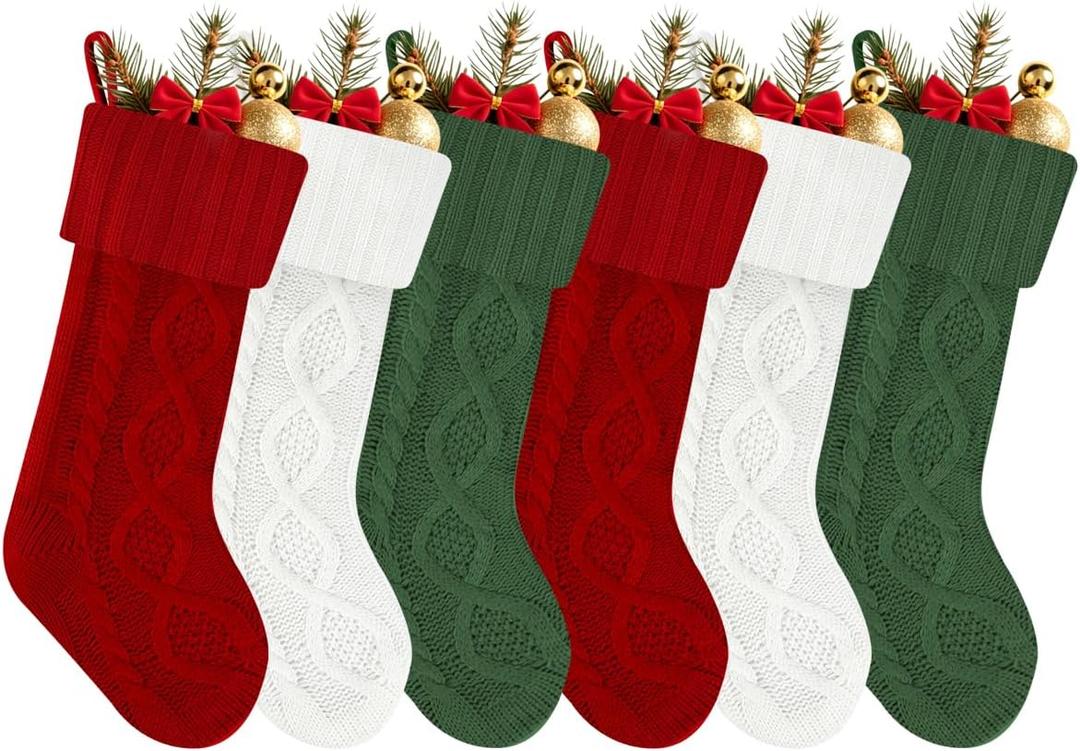 Christmas Stockings Set of 6, 20 Inch Large Cable Knitted Stocking, Personalized Hanging Monogram Christmas Stockings Gifts for Kids,XmasTree,Family Party Decoration,Burgundy, Lvory, Green