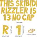 Skibidi Rizzler Birthday Banner Decorations - This Skibidi Rizzler Is 13 No Cap Gold Glitter Banner, Pre-Strung Stars Hearts Garland Ideas Funny Zoomer Gen Z Slang 13th Birthday Party Supplies