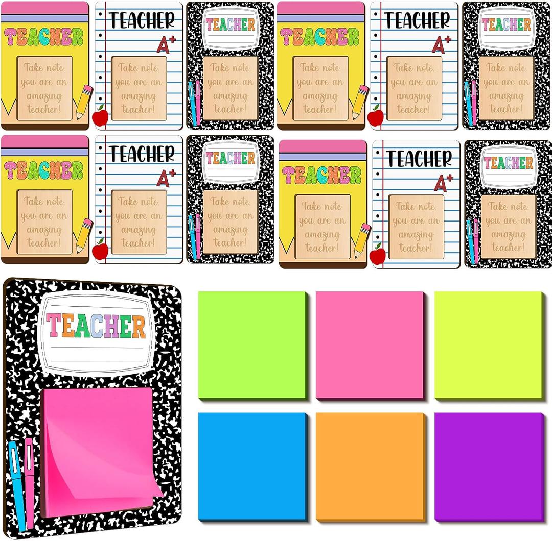 Eersida 24 Pcs/12 Sets Back to School Teacher Gift Daycare Teacher Appreciation Gifts Bulk Teachers Thank You Gift Wood Post Sticky Note Holder Composition Pencil Preschool Elementary Office Supply