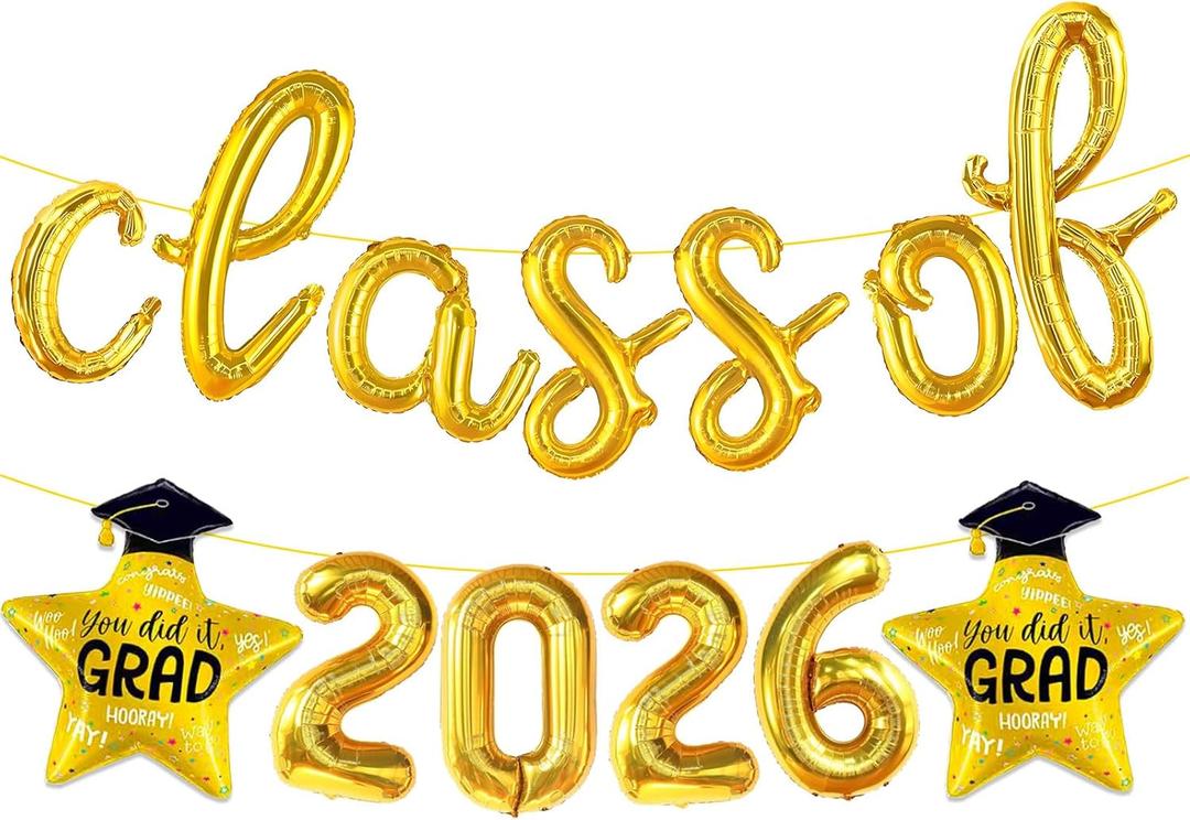 Gold Class of 2026 Balloons Banners,18 Inch Graduation Balloons Class of 2026 for Graduation Party Decorations 2026