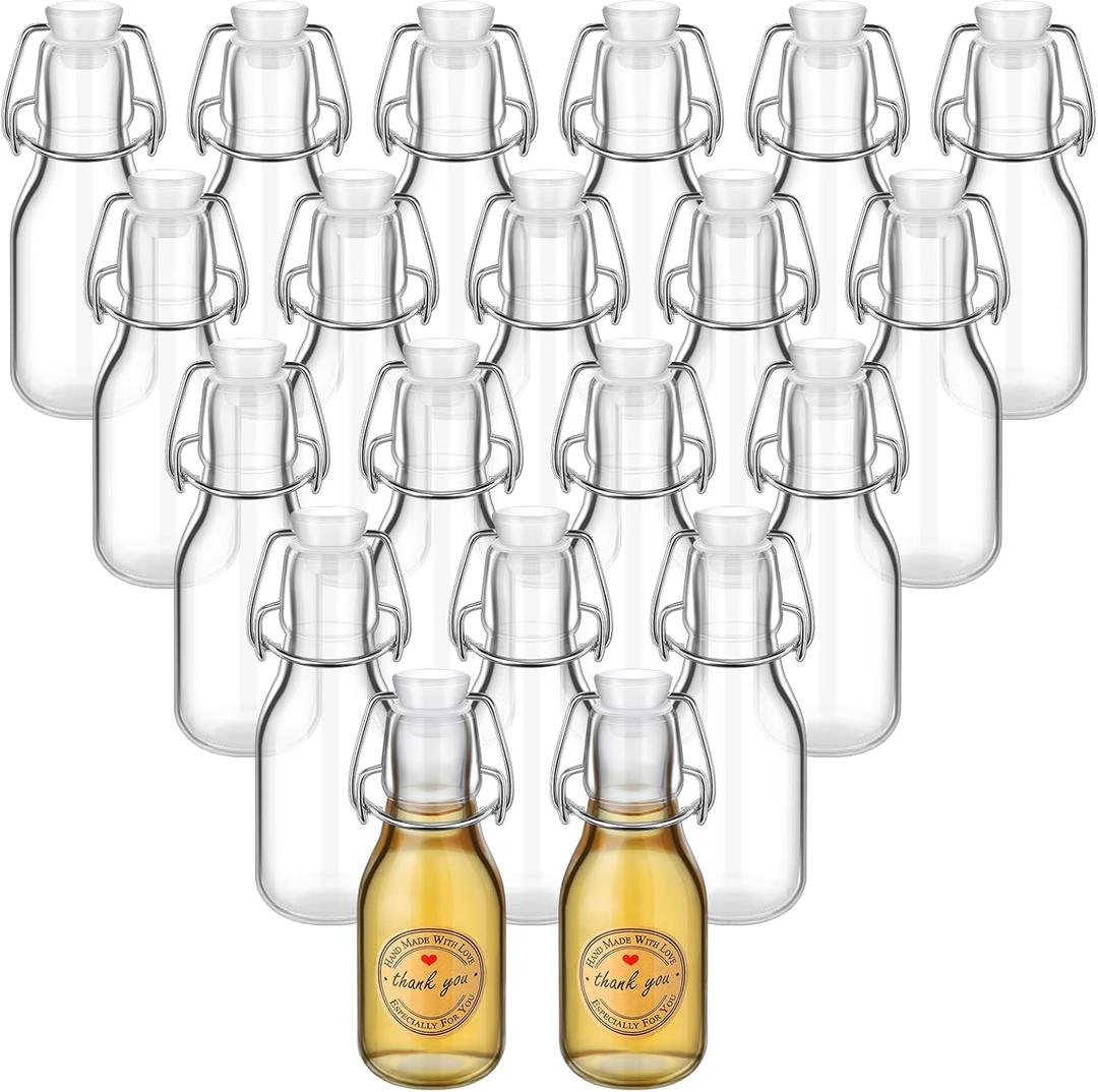 Queekay 20 Pcs Mini Flip Top Glass Bottle with Stoppers Decorative Swing Top Bottles with Lids Kraft Adhesive Round Stickers for Homemade Vanilla Extract Wedding Themed Party Favors (4.05 oz)