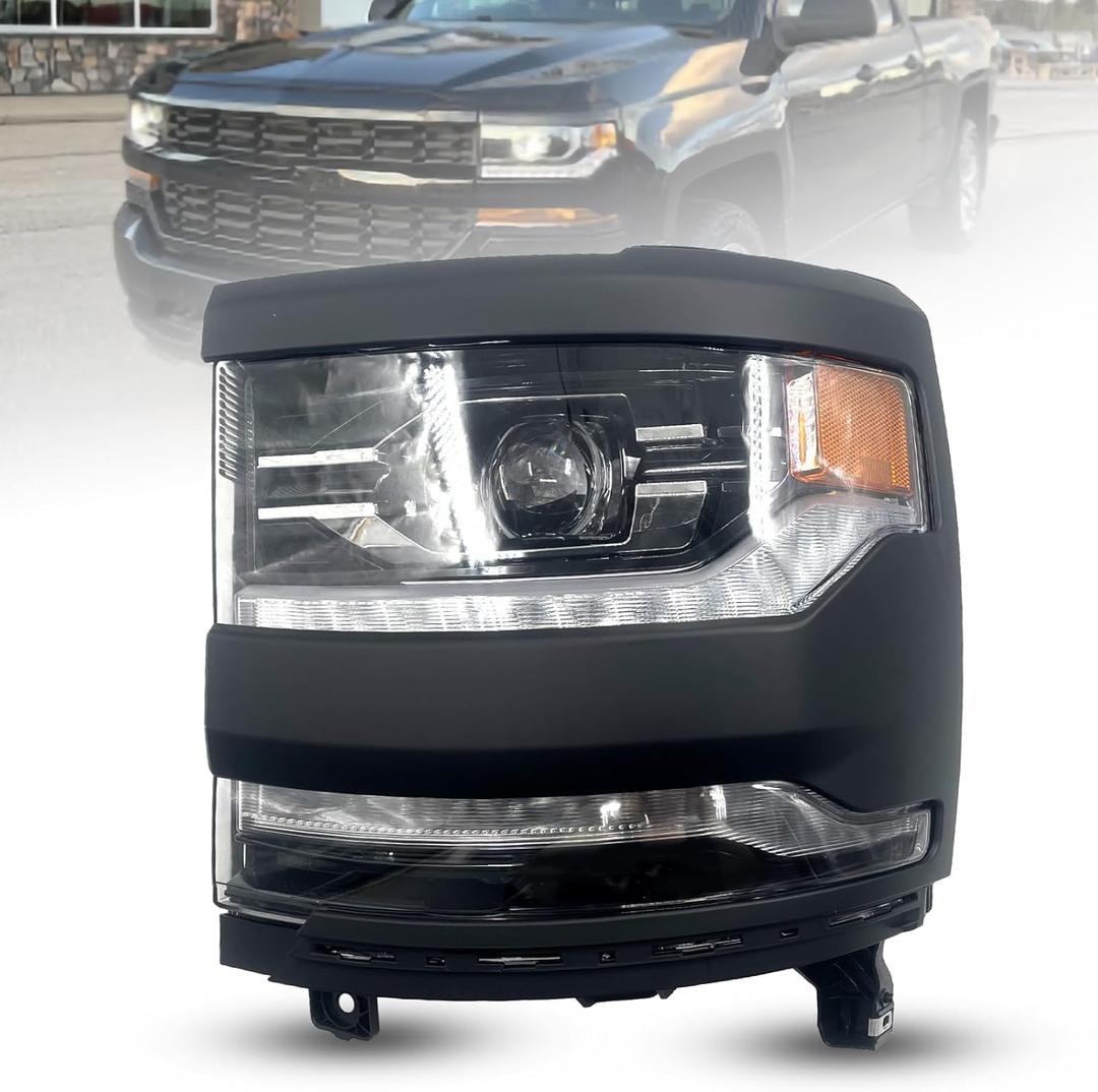 FULL LED DRL Projector Headlight Compatible with 2016 2017 2018 Chevy Silverado1500 2019 Silverado 1500 LD Front Light Headlamp Assembly #84292720,GM2502452 (Black Left)