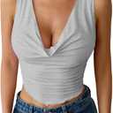 Remidoo Women's Cowl Neck Crop Top Sexy Ruched Tank Tops Sleeveless Asymmetrical Hem Shirt Gray Large (Gray, L)