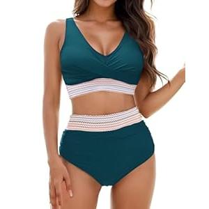 Vemubapis Womens High Waisted Bikini Set Tummy Control Color Block Bathing Suits Twist Front Two Piece Swimsuits Peacock, Large