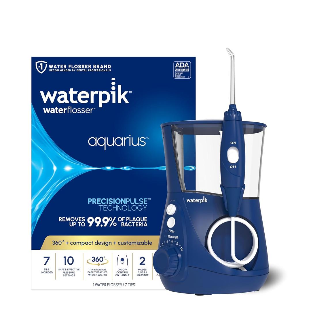 Waterpik Aquarius Water Flosser For Teeth Cleaning, Gums, Braces, Dental Care, Electric Power With 10 Settings, 7 Tips For Multiple Users And Needs, ADA Accepted, Blue WP-663