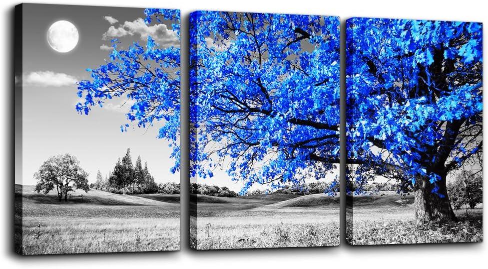 Wall Art For Living Room black and white Blue tree moon Canvas Wall Decor for Home artwork huge Painting 16" x 24" 3 Pieces Canvas Print For bedroom Decor Modern Salon kitchen office Hang a picture