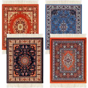 4 Pieces Rug Table Coasters Table Drink Holders Oriental Design Fabric Carpet Drink Mats Oriental Design Fabric Elegant Carpets Kitchen and Bar Mats for Home Office(Square,Retro Pattern)