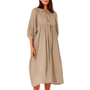 Puff Sleeve Dress for Women - Fall Beach Boho Half Open Collar Loose Midi Dresses Beige 