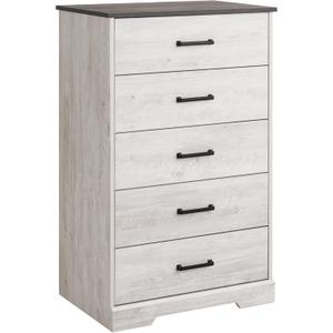 Prepac Rustic Ridge Farmhouse Dresser, Washed White Dresser for Bedroom, Chest of Drawers with 5 Drawers 18.5" D x 27.5" W x 43.5" H, ABDR-1605-1