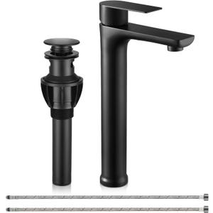 Matte Black Bathroom Vessel Faucet,Round Black Faucet for Vessel Sink,Black Stainless Steel Vessel Sink Faucets,Single Handle Lavatory Vanity Faucets with Drain & Water Hoses