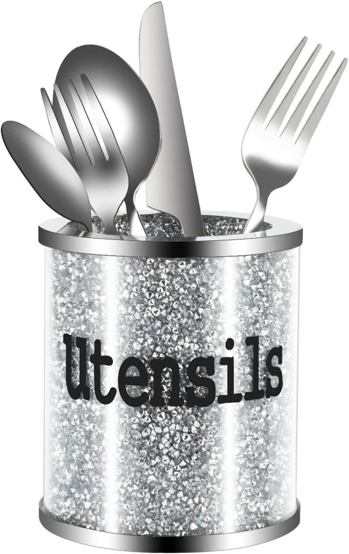 Bling Crushed Diamond Small Kitchen Utensil Holder for Countertop Glass Flatware Silver Utensil Crock Sparkly Gift Utensil Organizer (Silver)