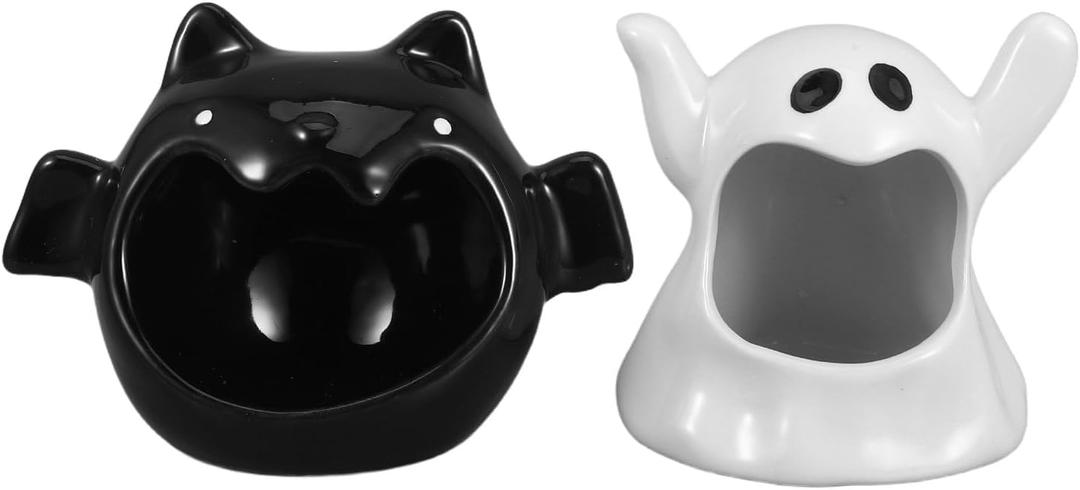 2pcs Halloween Candy Holder Dish Bat Ghost Ceramic Candle Holder Cute Candy Bowl Holiday Tired Tray Decor for Halloween Party Decoration