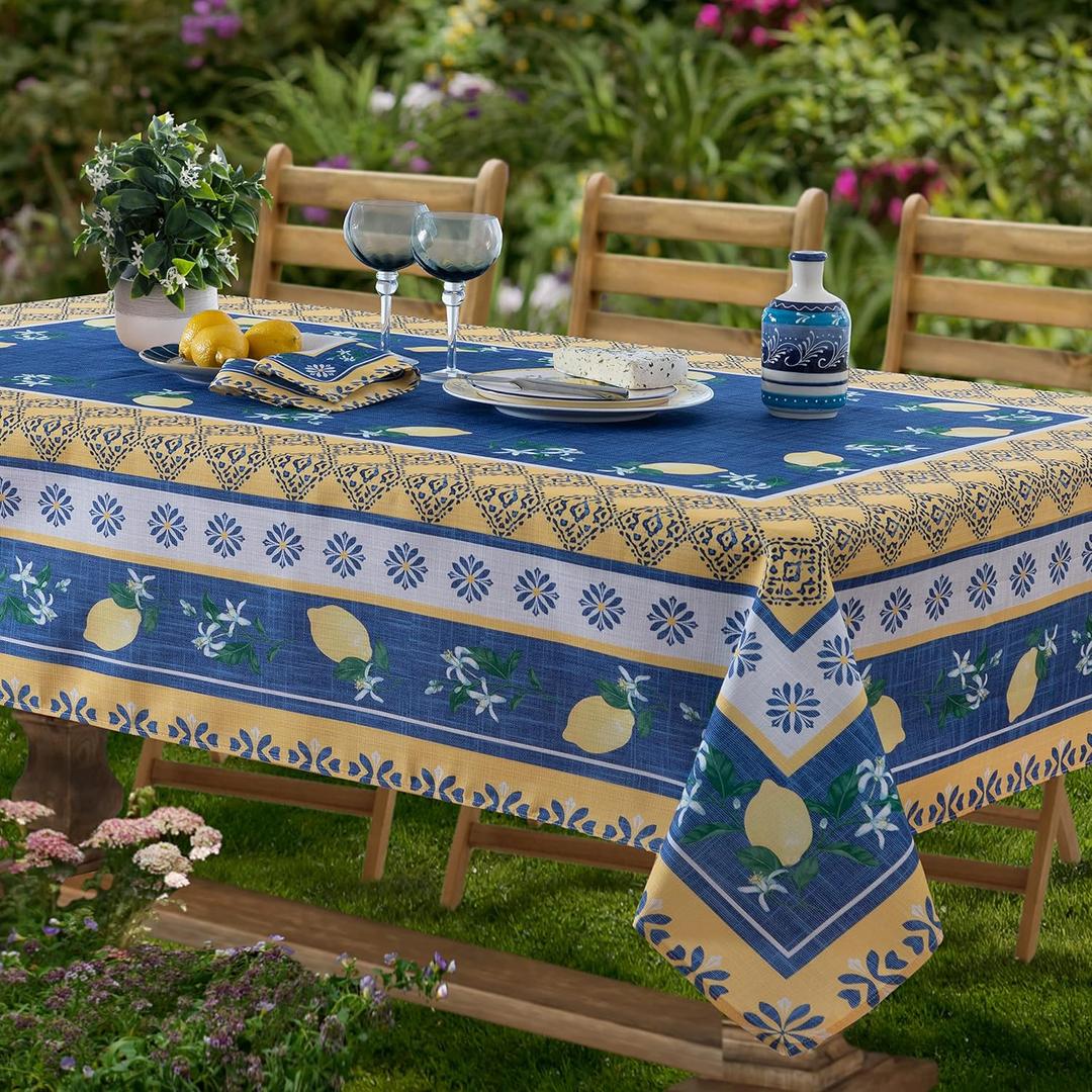 Home Bargains Plus Rectangle Fabric Tablecloth, 60 x 120 Inch, Blue Lemon Garden, Indoor Outdoor Stain and Water Resistant Fabric Table Cloth, Mediterranean Orchard