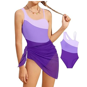 Girl's One Piece Swimsuits Color Block Cutout One Shoulder Bathing Suit with Mesh Cover Up 1 Piece Swimsuit Swimwear  (15-16 Years)