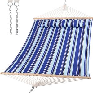 SUNCREAT Hammocks Quilted Fabric Hammock, Double Hammock with Spreader Bar, Soft Pillow, Max 475lbs Capacity, Blue Stripes, 122"L x 55.1"W