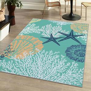 Tritard Coastal Area Rugs Nautical Beach Themed Non-Slip Machine Washable Rugs Modern Floor Carpet for Living Room Bedroom, 8x10, Teal and Turquoise