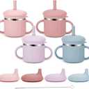Upgrade Stainless Steel Baby Sippy Cups, 7.4 Oz Spill Proof Toddler Straw Cups, 3 Stages Training Cup for Toddlers 1-3 Year, Kid Cups with Silicone Sheel and Straws, 4 Colors (Coral+Blue+Pink+Purple)