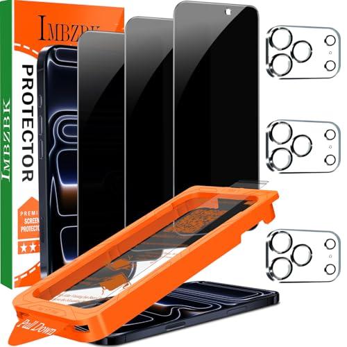 IMBZBK [Auto-Dust Removal] 3 Pack Privacy Screen Protector for iPhone 17 Pro [6.3 INCH] Anti Spy Private Accessories, Case Friendly Film, Military Grade Tempered Glass 3 Camera Lens Protector
