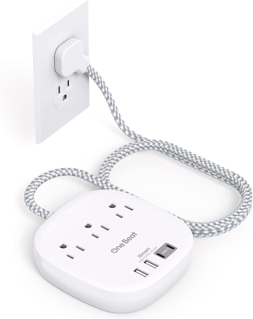 Flat Plug Power Strip, 5ft Ultra Flat Extension Cord - 3 Outlets 4 USB Ports (2 USB C) 22.5W/4.5A Desktop Charging Station, No Surge Protection for Cruise Ship, Dorm Room Travel Essentials (White)