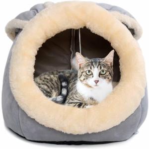 Cat Beds for Indoor Cats - Small Dog Bed with Anti-Slip Bottom, Rabbit-Shaped Cat/Small Dog Cave with Hanging Toy, Puppy Bed with Removable Cotton Pad, Super Soft Calming Pet Sofa Bed (Grey S)