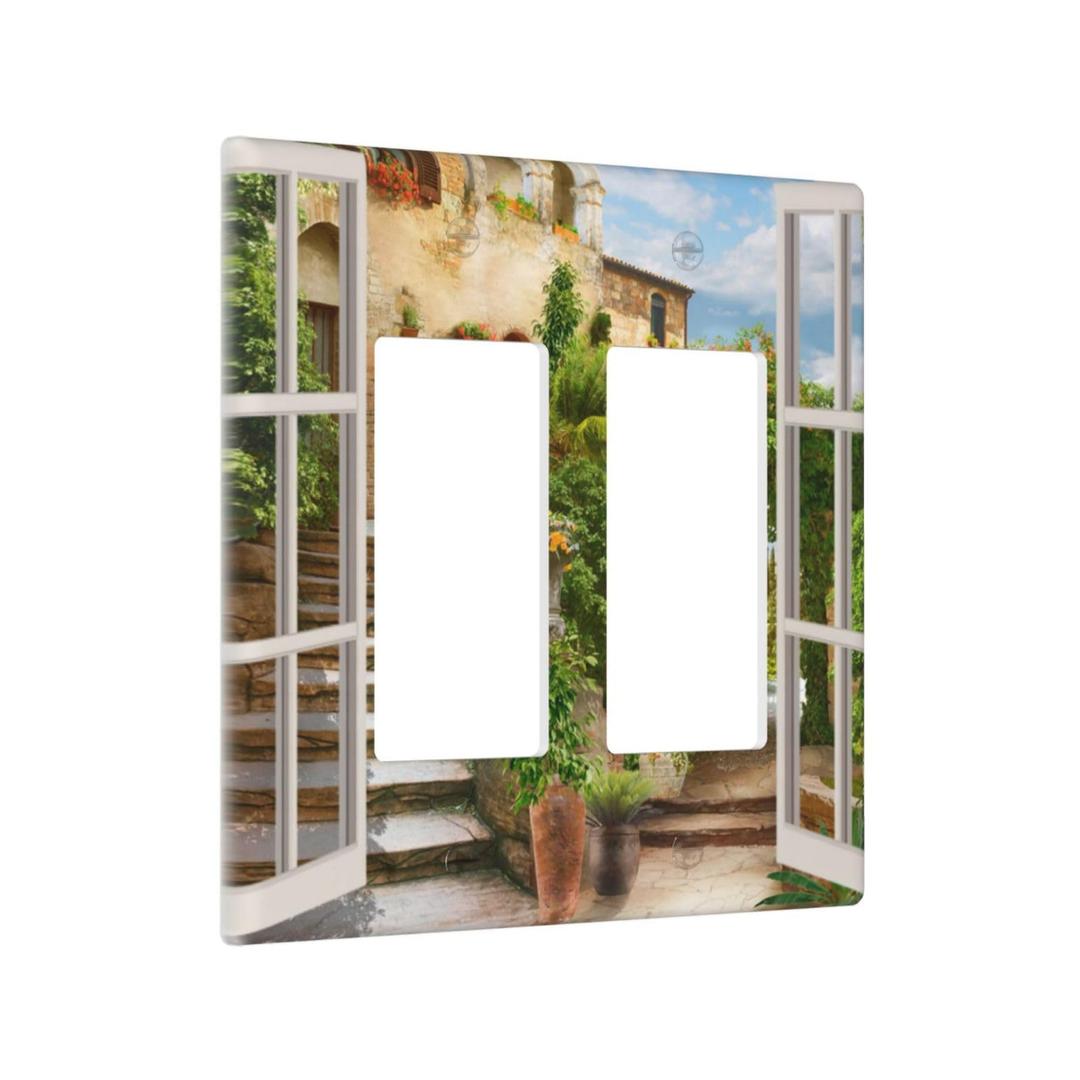 Mediterranean Greece Scene Flowers 2 Gang Double Rocker/Decora Light Switch Cover Decorative Wallplate Italian Town from Another Window Gfci Electrical Faceplate Home Bedroom Art Decor