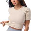 SweatyRocks Women's Twist Open Back Athletic Shirt Short Sleeve Crew Neck Workout Crop Tops (Beige, L)