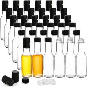 Cedilis 36 Pack Small Glass Bottle, 3oz Glass Woozy Bottle, Empty Mini Hot Sauce Bottles, Clear Bottles with Shrink Capsule, Black Screw Caps, Dripper Insert