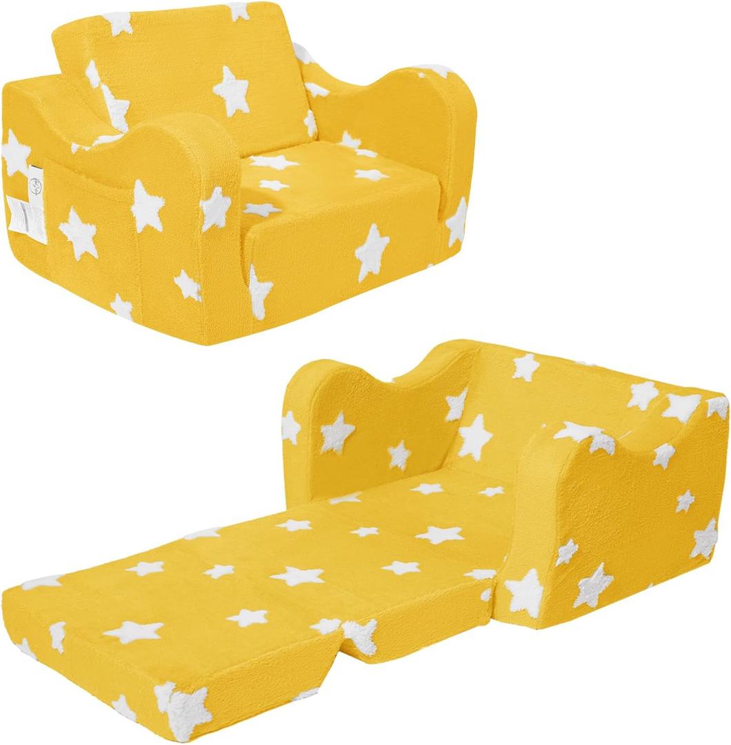 Toddler Couch, Kids Couch for Toddler Fold Out, 2-in-1 Convertible Kid Sofa to Lounger Bed for Girls and Boys, Ideal for Reading Sleeping Gaming Decor (Yellow)