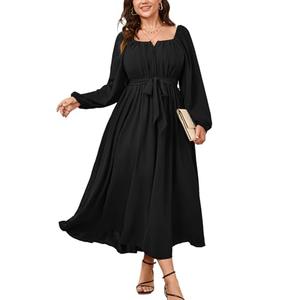 SCOMCHIC Women Plus Size Maxi Dress Long Sleeve Square Neck Wedding Guest Cocktail Belted Elegant Flowy A Line Long Dresses Black. Size 2XL