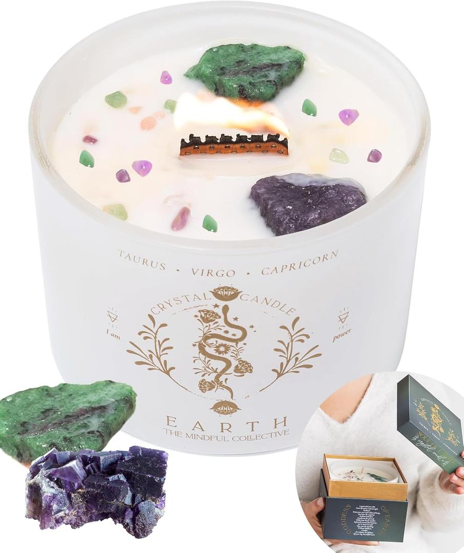 Taurus Virgo Capricorn Gifts for Women - 12oz Wood Wick Candles That Crackle with Crystals and Healing Stones. Healing Crystal Candles for Women Home Scented Soy Wax, for Zodiac Birthdate