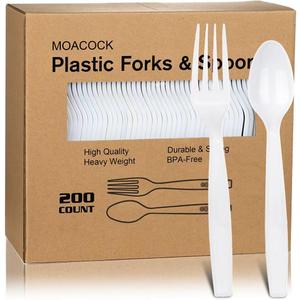200 Count White Plastic Silverware, Heavy Weight Plastic Forks Spoons Disposable Utensils Cutlery Set for Wedding Party Supplies Everyday Use