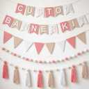 SmoothNovelty 139 Pcs Felt DIY Custom Banner Kit Include 104 Letters 18 Swallowtail Flags 15 Pennants 2 Pcs Pom Pom Garland Tassel Pompom Decoration for Home Baby Shower Birthday(Baby Pink)