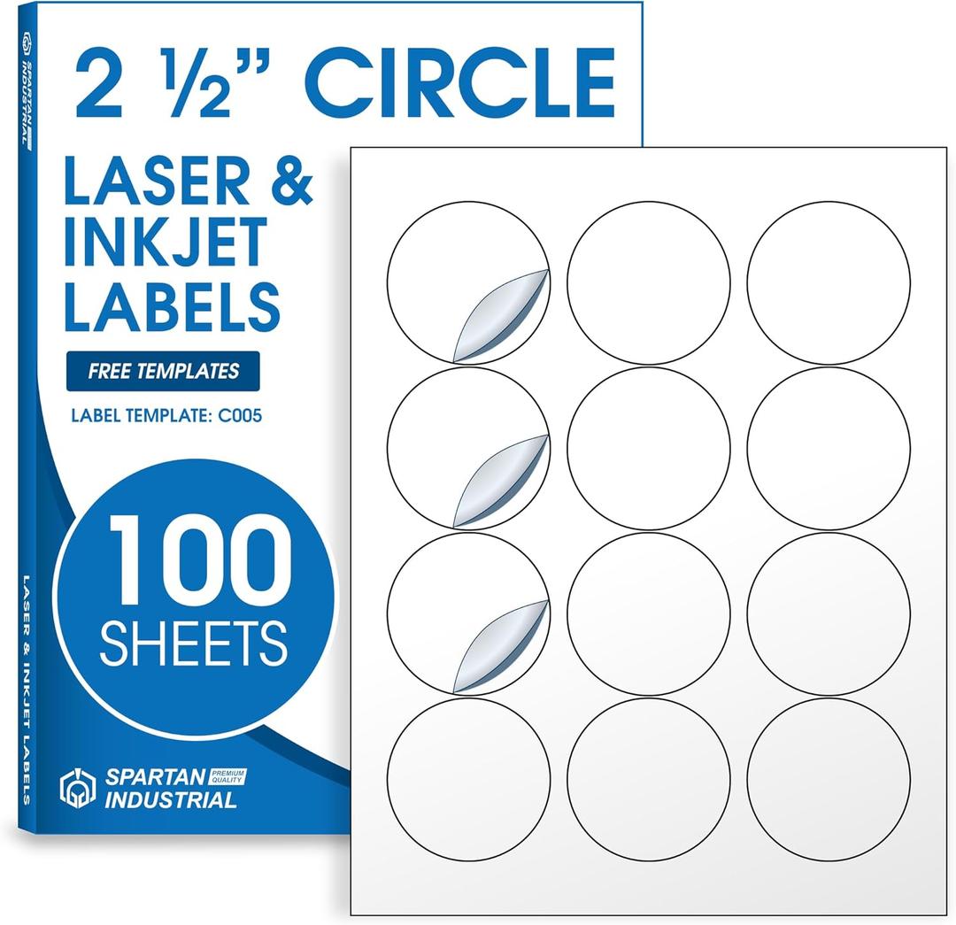 2.5" Printable Round Labels for Laser and Inkjet Printers - 1200 Blank Labels, 100 Sheets for Business Logos, Thank You Stickers, Price Tags, QR Codes - Spartan Industrial Template C005