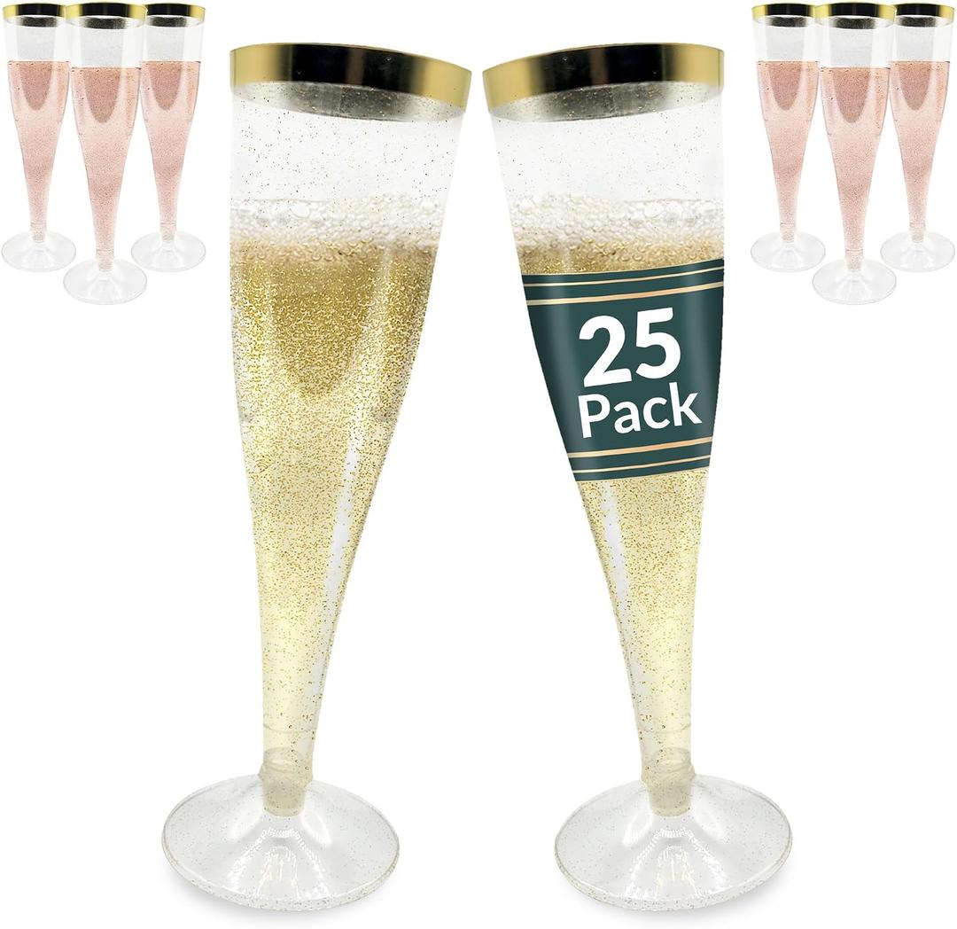 Reli. Champagne Flutes Plastic | 25 Pack | 4.5 oz - Gold Rim & Glitter | Premium Plastic Champagne Flutes | Party-Perfect for Celebrations