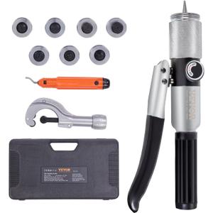 VEVOR Hydraulic Tube Expander, 3/8" to 1-1/8" OD, HAVC Hydraulic Swaging Tool with 7 Pipe Expander Heads, Deburring Tool, Pipe Cutter for Copper Aluminum Brass Soft Steel Pipes