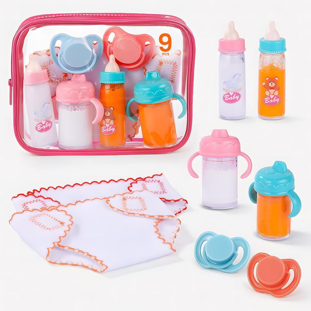 BABESIDE Baby Doll Accessories  9 Pcs Feeding Set with Magic Bottles, Pacifiers, Bibs, Diapers & Carry Bag, Pretend Play Kit for 1215 Inch Dolls