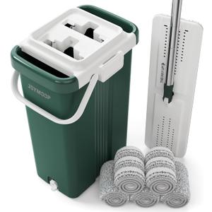 JOYMOOP Commercial Mop and Bucket Set, 17.7-inch Dust Mops for Floor Cleaning, Flat Mop Bucket with Wringer, Include 5 Reusable Microfiber Mop Pads - Forest Green