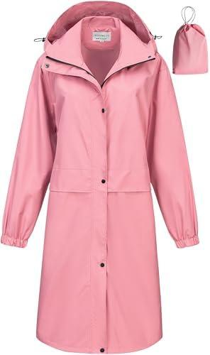 CREATMO US Women's Long Waterproof Rain Coats Lightweight Rain Jacket Packable Windbreaker with Removable Hood, Size L