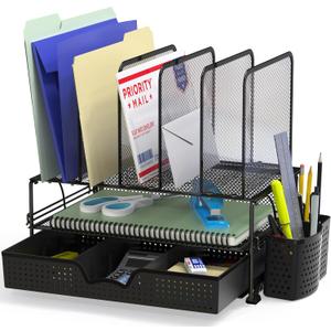 SIMPLE HOUSEWARE Mesh Desk Organizer with Sliding Drawer, Double Tray and 5 Upright Sections, Black