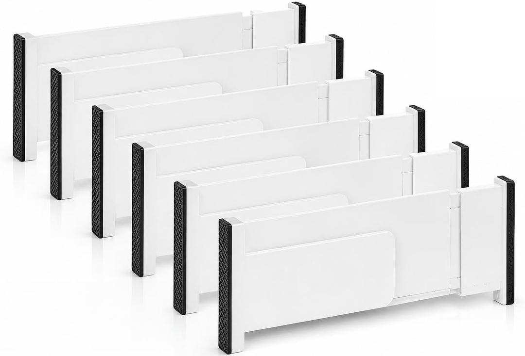 Drawer Dividers Organizer, 6 Pack, Adjustable 28-43 cm, White
Spring Tension Mount, Non-Slip Ends, Kitchen & Dresser Use, No Tools Needed, Expandable Design